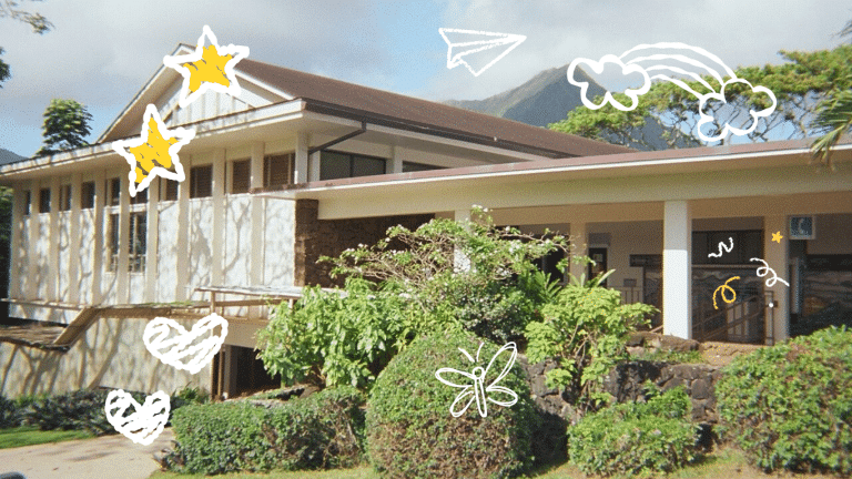The Kaneohoe Library in Hawaii with kids doodles.
